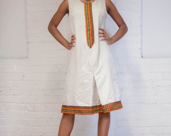 Cotton Twill Mix with Dashiki Print. Dress Casual, Office Dress With Dashiki Trim
