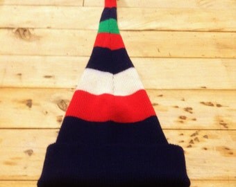 French 1970s Vintage Unisex Long Stocking Ski Elfe Hat - Colorful Stripes & Pom Pom - MADE IN FRANCE - New/Old Stock