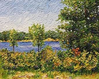 Impressionist style Impasto oil painting 11x14 Michigan Art 'Peek of Blue'