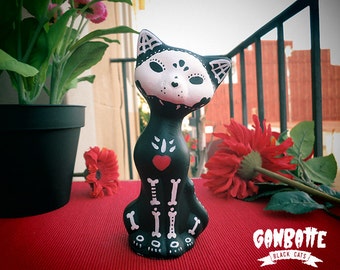 Black Cat BOY Skull Sculpture Cat Handmade Unique Bones Cat Figurine Kitty Cat Day of the Dead Ganbatte Black Cats