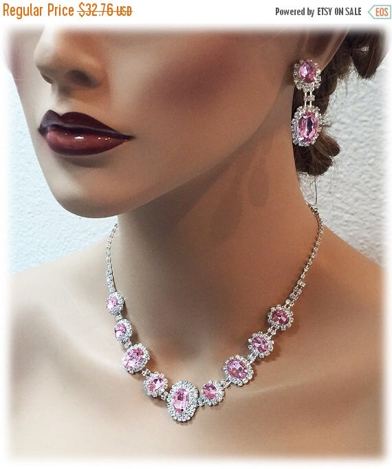 Wedding jewelry set Pink necklace and earrings by GlamDuchess