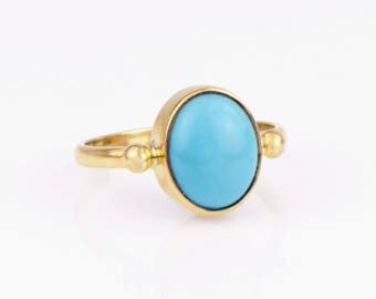 Sleeping Beauty Turquoise Ring 14K Gold Ring Turquoise Cabochon Ring Blue Turquoise in Yellow Gold Ring December Birthstone Handmade Ring