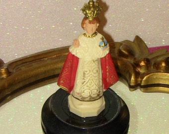 Antique Infant of Prague Statue with Dome Lid Bell Jar Christmas Gift Catholic Home Decor