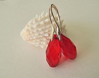 Red Earrings, Sterling Silver Dangle Earrings, Holiday Jewelry