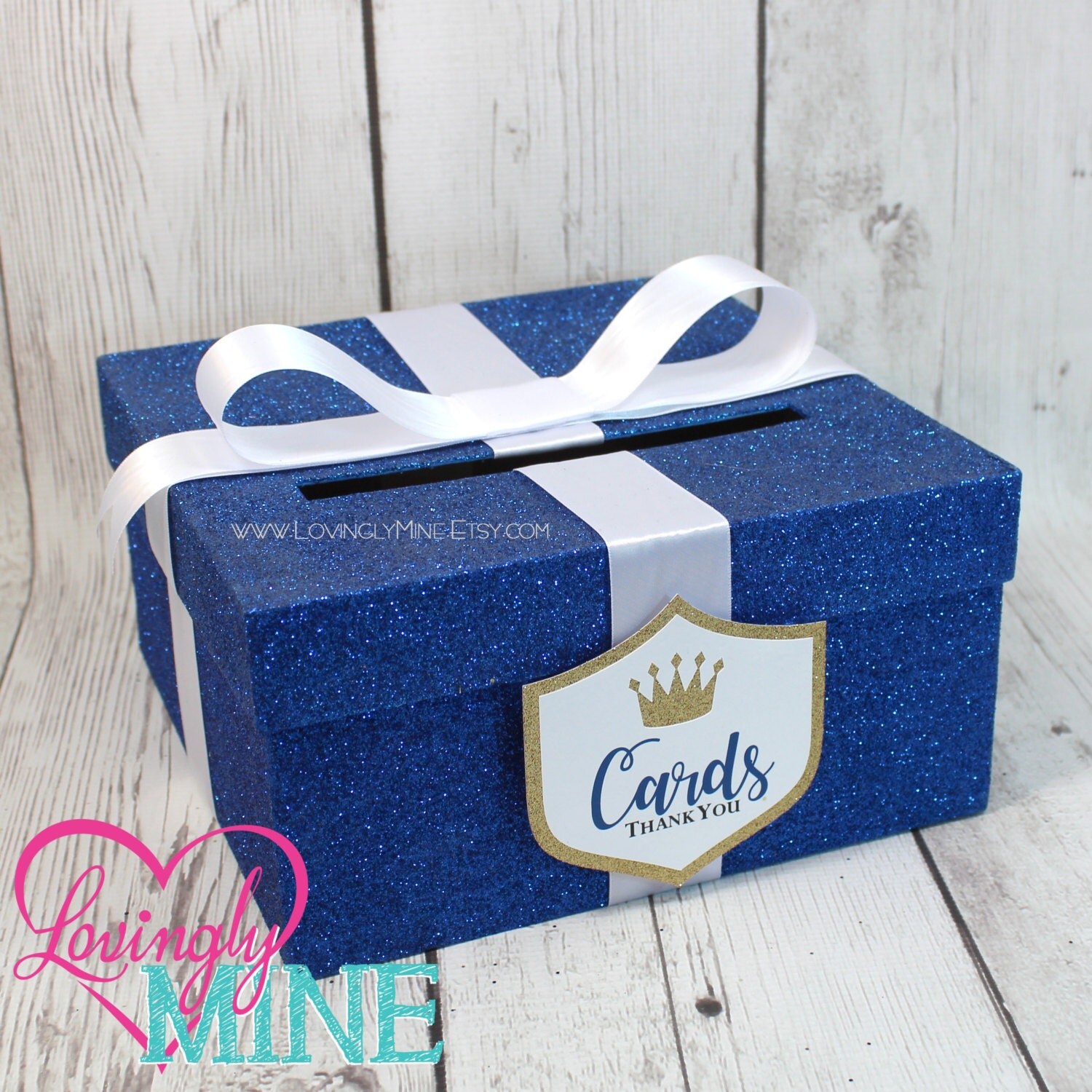 Card Box in Glitter Royal Blue White & Gold with Matching