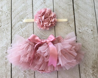 Baby Girl Ruffle Bottom Tutu Bloomer Headband Set in Mauve & Ivory - Newborn Photo Set - Cake Smash - Diaper Cover - Baby Gift - Birthday
