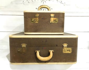 Vintage Tweed Suitcase Luggage Brown Tan Midcentury