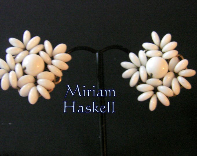 Miriam Haskell Mid Century Milk Glass Cluster Bead Clip Earrings Vintage Jewelry Jewellery