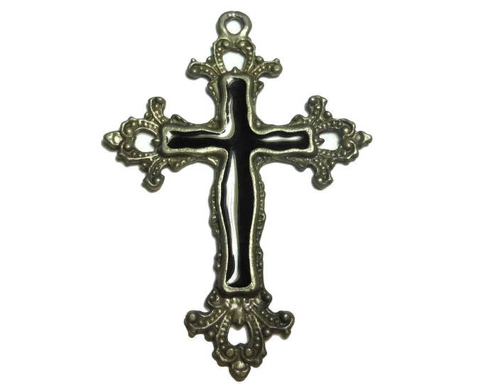 FREE SHIPPING Fleury trefoil cross pendant, silver tone ornate cross, black enamel inset, religious gift, rustic medieval look, large