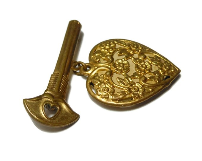 SALE Art Nouveau brooch pin, floral filigree open work heart, locket like, dangling from a key, 1930s piece, gold bronze brass