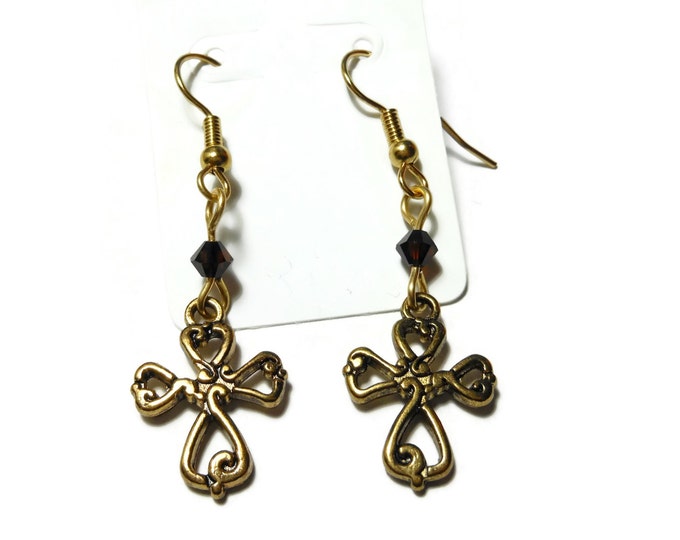 FREE SHIPPING Small cross earrings, gold tone ornate crosses, gold plated french wires, root beer brown Swarovski crystals, dangle earrings