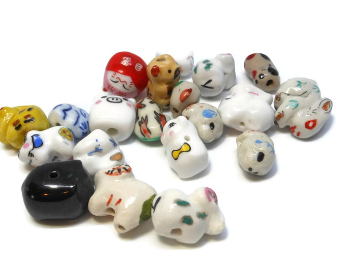 Porcelain animal beads, 20 piece lot, including dogs bear cats sheep pigs rabbits frog, ceramic small beads, animal Kawaii beads, farm beads