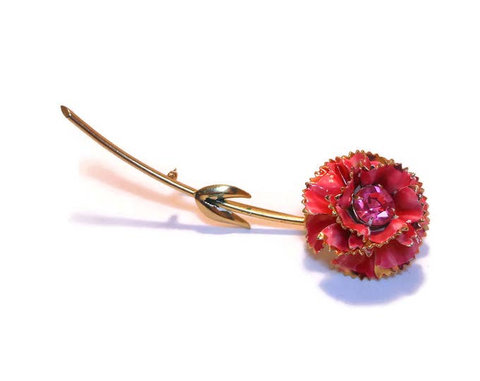 FREE SHIPPING Pink rose brooch, enamel redish pink rose, gold tone stem, rose pin 1960's, rhinestone center, gold tipped petals