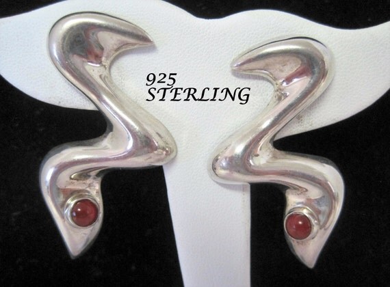 Sterling Modernist Earrings - Elsa Mexico 925 - Snake Style - Carnelian Setting - Pierced Earrings