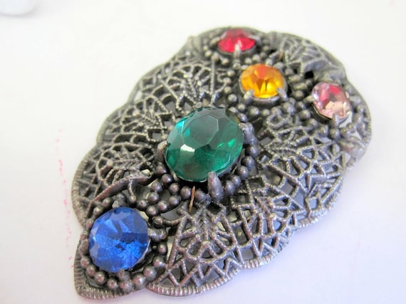 Art Deco Dress Clip - Multicolor Rhinestones - Vintage Jewelry - Pot Metal Pin - Vintage 40's