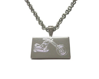 Silver Toned Etched Chopper Motorcycle Pendant Necklace