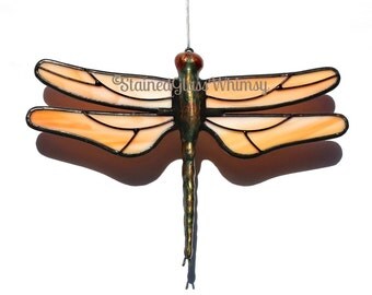 Peach Stained Glass DRAGONFLY Suncatcher, Peaches 'n Cream Wings, Hand-Cast Metal Body, USA Hand-Made Original, Tangerine Orange Dragonfly