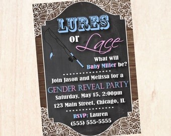 Lures or Lace Gender Reveal Party Invitation PRINTABLE baby shower invite digital boy or girl