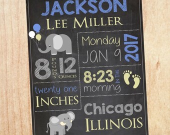 Elephant Birth Announcement Sign. new baby boy gift elephant custom nursery art. elephant birth stats chalkboard print. name.
