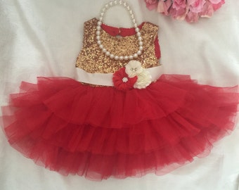Red Gold Baby Dress, Birthday Dress, Baby Photo Prop, Valentines Day Dress, Baby Pageant Dress, Cake Smash Dress, Wedding Dress
