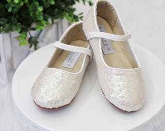 Infant Girl Shoes, Toddler Shoes, Little Kids & Big Kids Shoes - OFF WHITE Irridescent ROCK glitter for flower girls