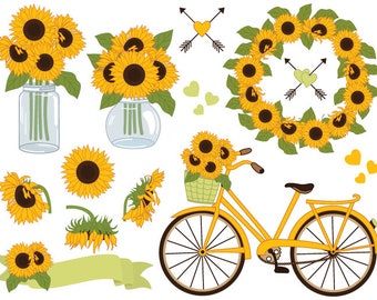 70% OFF SALE Sunflowers Clipart - Digital Vector Sunflowers Clipart, Mason Jar Clipart, Sunflower Wreath, Bicycle, Sunflower Clip Art