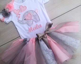 3 Piece Valentine Outfit/ Baby Girl Elephant Tutu/Scrappy Tutu/Birthday Tutu