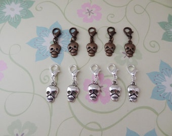 Set of 5 Bronze or Silver Skull Stitch Markers for Crochet, Knitting Marker, Progress Marker, Removable Stitch Marker, WIP Marker