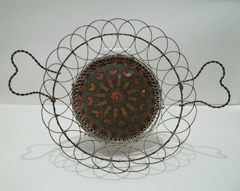 Victorian Wire Ware Basket with Handpainted Wood Bottom Norwegian Scandinavian Antique 1890's