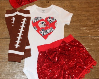 New England Patriots boutique style outfit- Patriots baby shower gift - NFL football Baby outfit - heart onesie - add leg warmers