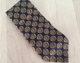 Valentino Cravatte, Mens Neck Tie, Navy Blue and Gold Geometric Circles, 100% Silk, Made in Italy, Excellent used condition