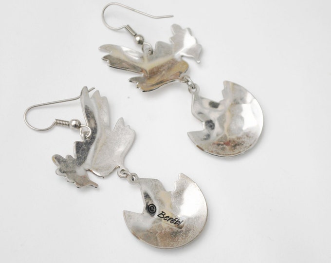 Berebi Signed - Silver dangle earrings -Enamel Dove - Peace on Earth Globe - White Dove
