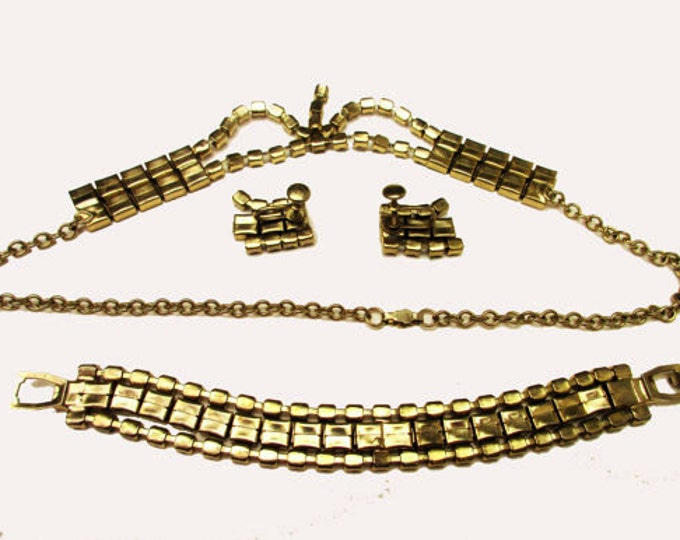 Rhinestone Gold Necklace Bracelet and earring parure set -Mid Century - Link necklace -Clear Rhinestone - Screw back earrings