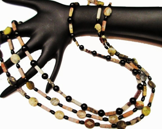 Boho Gemstone bead necklace- Triple strand - Agate,jasper,onyx - 23 inches - Handmade