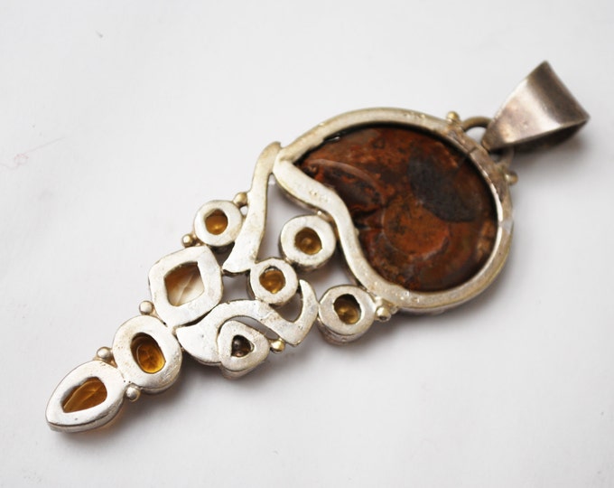 Ammonite Pendant -Yellow Citrine gemstone - Sterling silver - brown Fossil shell