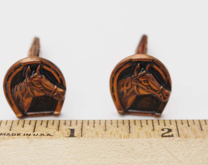 Horse cuff links - Copper Horse shoe and horse head - signed Pat Pend - vintage cufflinks