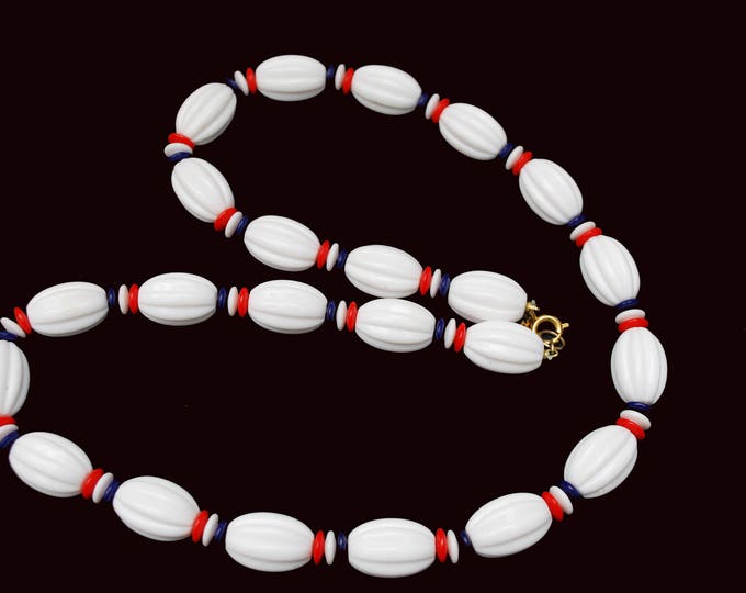 Crown Trifari bead Necklace - Red White Blue Lucite Beads - Patriotic - Mid Century necklace