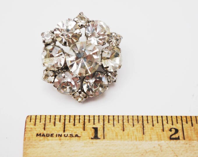 Rhinestone Atomic Brooch - Clear Crystal - silver metal - Snowflake pin