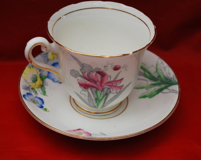 Rosina Floral Tea cup Saucer - Made in England - Bone China - red blue flower - Shabby chic tea party