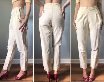 Vintage 80s Buttercream Cotton Yoke Front Pants