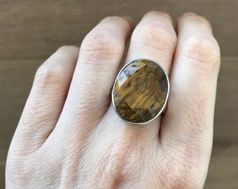 Statement Tiger Eye Ring- Oval Tiger Eye Ring- Large Brown Golden Gemstone Ring- Chunky Stone Ring- Sterling Silver Ring