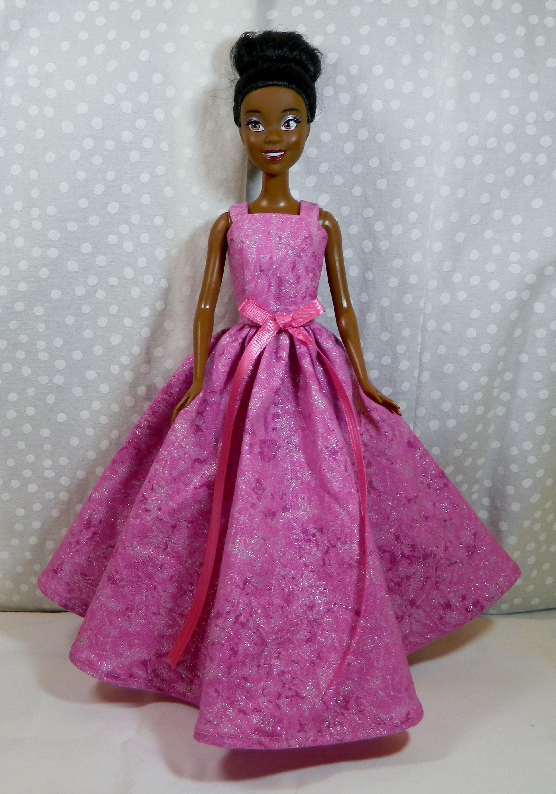 Barbie Doll Long Dress in Sparkly Pink Vintage Style Ball Gown