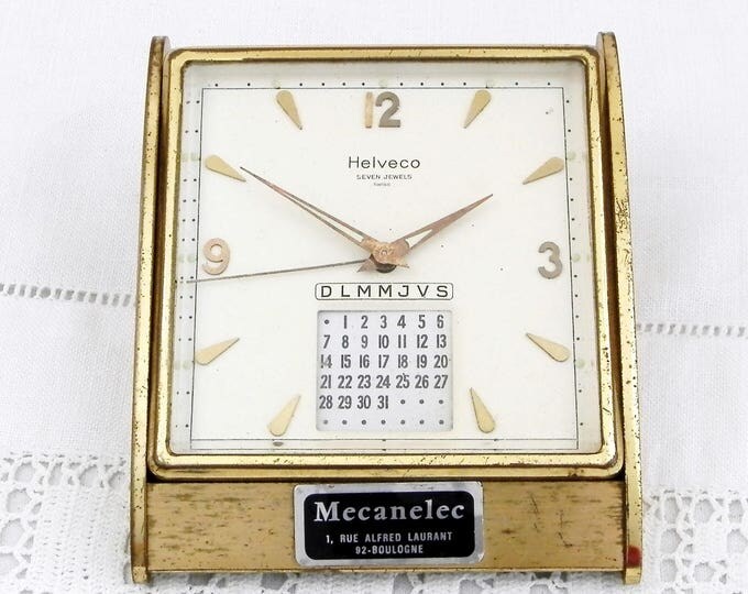 Working Vintage Swiss Helveco Mid Century 7 Jewels Gold 1950s Mechanical Desk Clock Perpetual Calendar, Wind-up Clock, Retro, Desk, Office