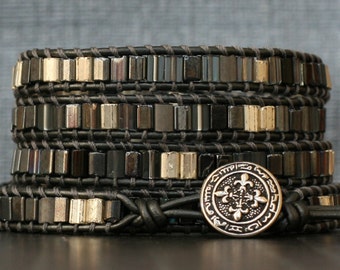 wrap bracelet- mixed gray and silver tiles on pewter leather- 5 wrap bracelet
