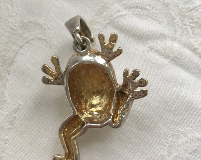 Sterling Frog Pendant, Silver Frog with Gold Wash Feet, Vintage Frog Jewelry