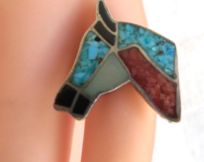 Vintage Horse Ring, Southwest Horse Pinky Ring, Sterling Turquoise Coral, Horse Jewelry, Size 4 Equestrian Jewelry