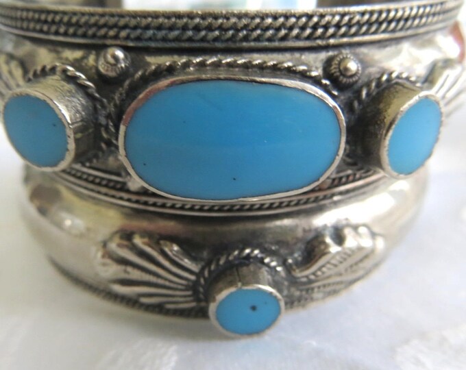 Vintage Afghan Tribal Bracelet, Turquoise Cuff Bracelet, Silvertone Wide Tribal Cuff, Festival Jewelry