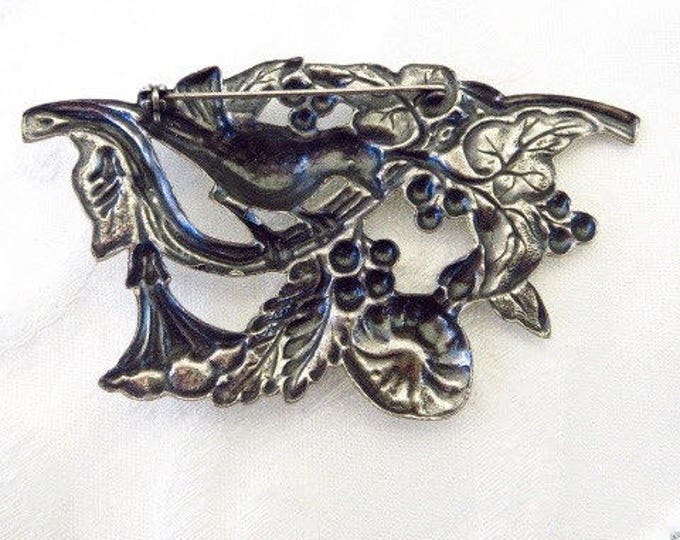 Antique Art Nouveau Brooch, Sterling Bird Pin, Flowers Berries and Leaves, Nature Jewelry