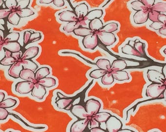 Mexican Oilcloth Fabric--Orange & Pink Cherry Blossoms--Tablecloth/Apron/Tote Bag Fabric--Waterproof Fabric--Oilcloth by the HALF YARD