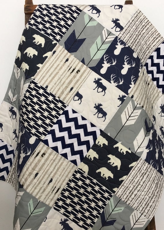 Baby Quilt Boy Navy Gray Crib Bedding Woodland by CoolSpool